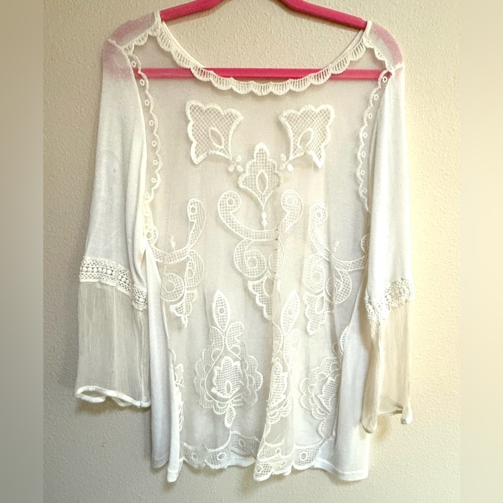 White Sheer Lace Blouse Sz 8 (med) knit top Feminine soft aesthetics fairy Y2K